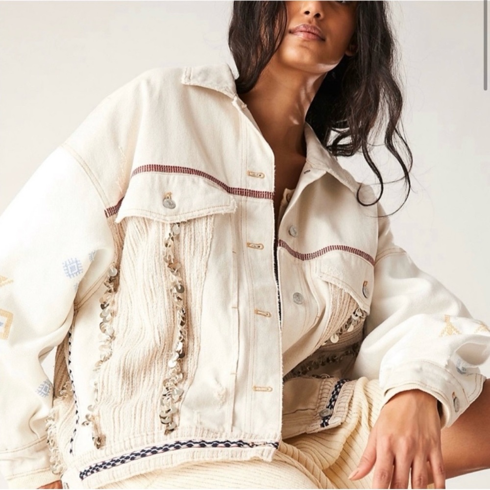 Free People Winter Cactus Embroidered Denim Jacket Size Small